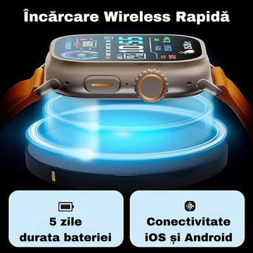 Smartwatch 1.99” cu curea extra, Apel bluetooth, incarcare Wireless, monitorizare sanatate & notificari, compatibila Android & iOS, Baterie 280 mAh